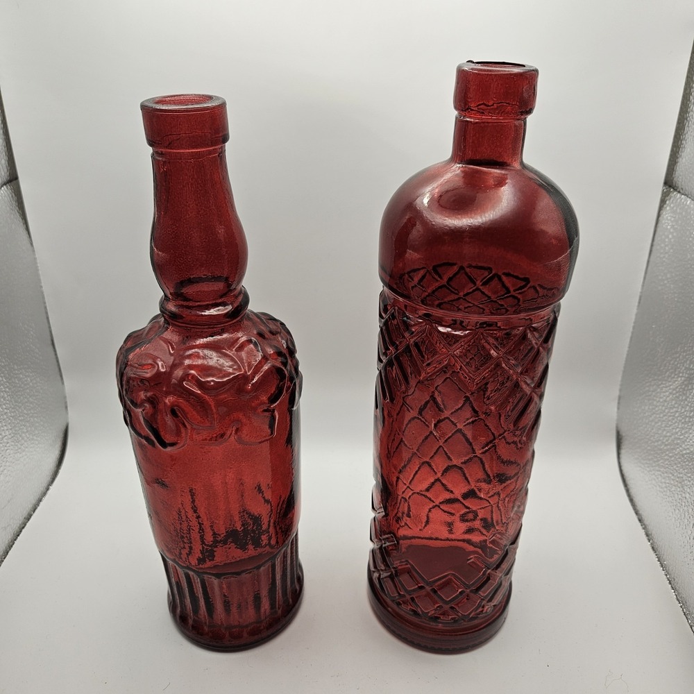 Vintage 2 Ruby Red Bottle Decanters Recycled Art Glass Made In Spain